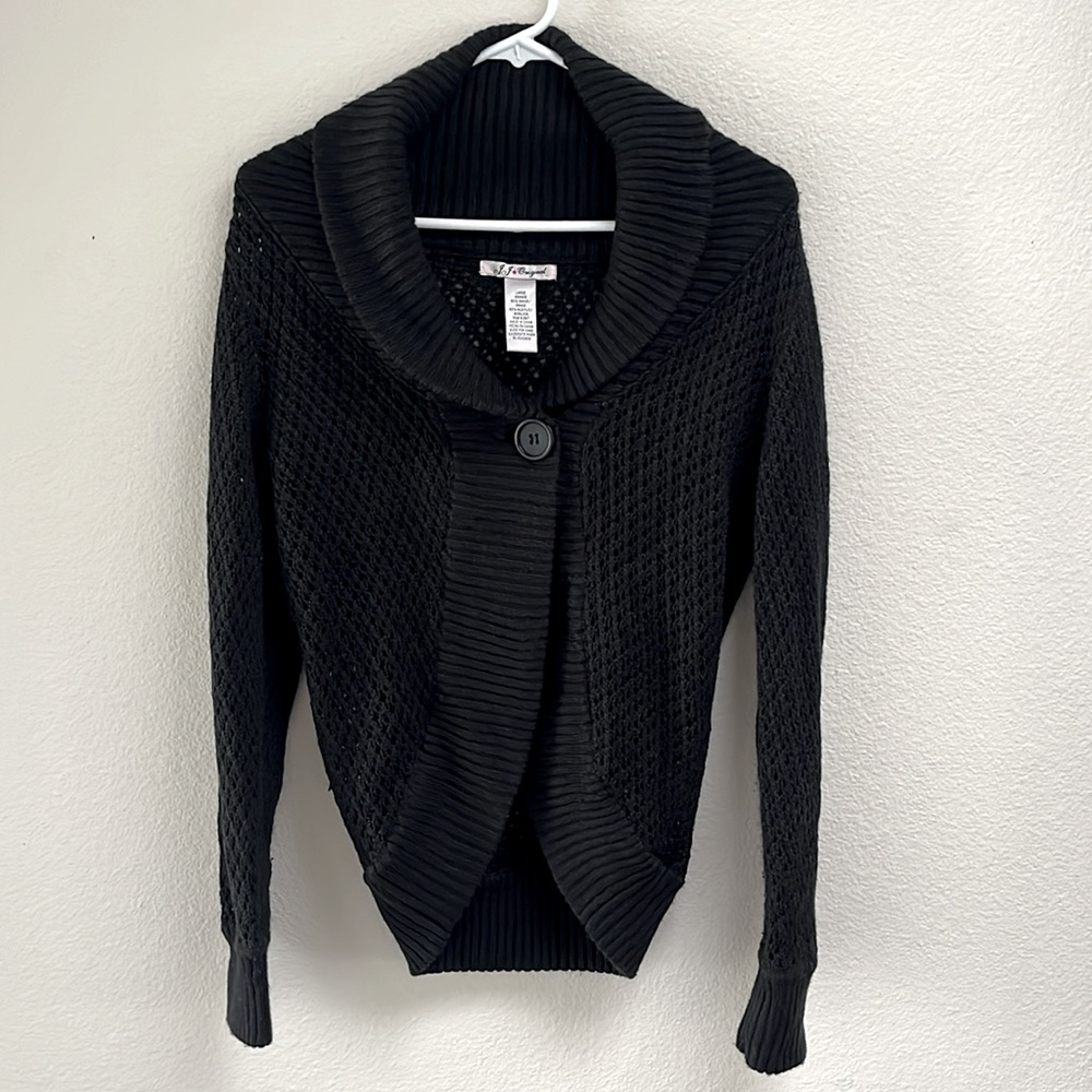 J J Original Black One Button Thick Sweater Cardigan, Size Large, Acrylic Knit
